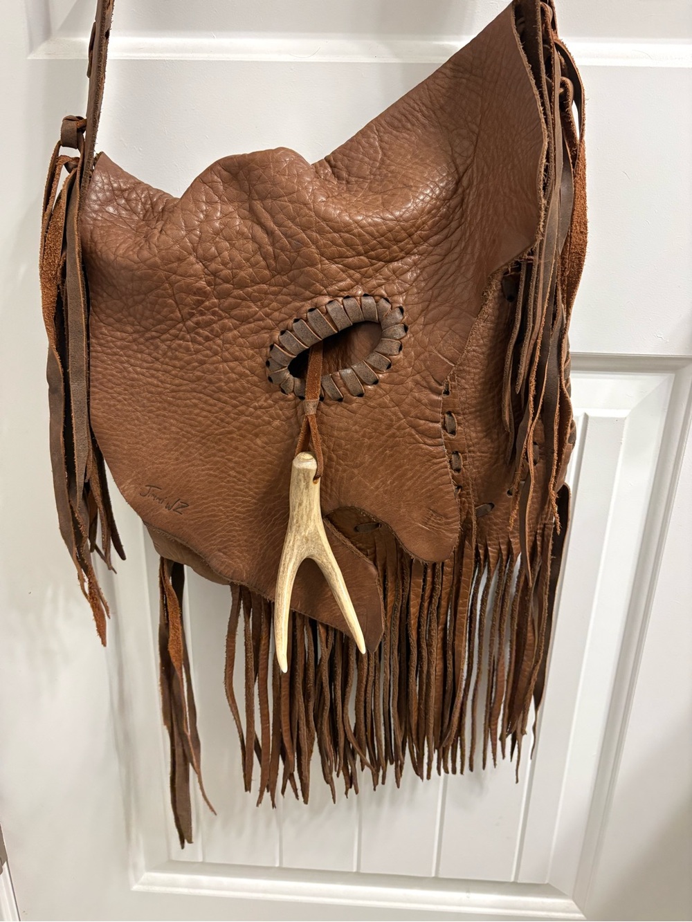 Brown Fringe Leather Shoulder Bag with Antler Accent